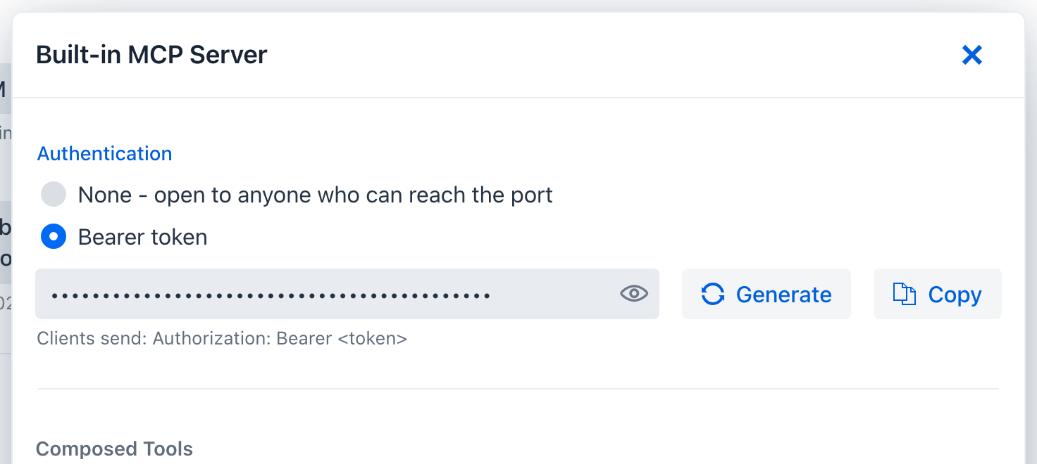 The Built-in MCP Server drawer with Authentication set to Bearer token - a masked generated token with the reveal eye, Generate and Copy buttons, and the Composed Tools section below