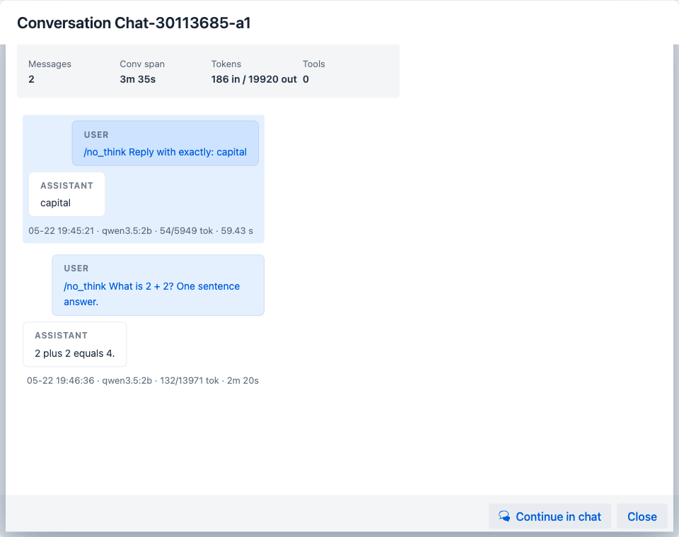 Conversation Thread dialog — header "Conversation Chat-…", summary strip (Messages, Conv span, Tokens in/out, Tools), chronological message thread alternating USER / ASSISTANT with per-message footer (date · model · token count · duration), and Continue in chat / Close buttons