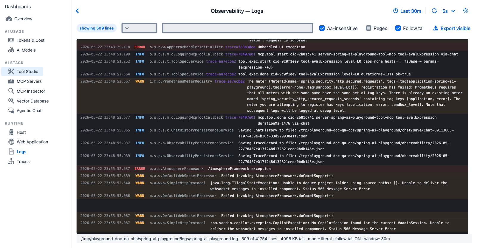 Logs dashboard — log viewer with filters in header (Level dropdown, Contains / Regex text field, Aa-insensitive checkbox, Regex checkbox, Follow tail checkbox, Export visible button), and a virtualised log tail showing monospace lines with timestamps, levels, logger names, MDC keys and message text