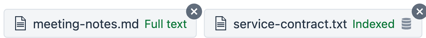 The attachment chip bar above the prompt box - a small file marked Full text, and an indexed contract whose chip carries the register-in-Vector-Database icon