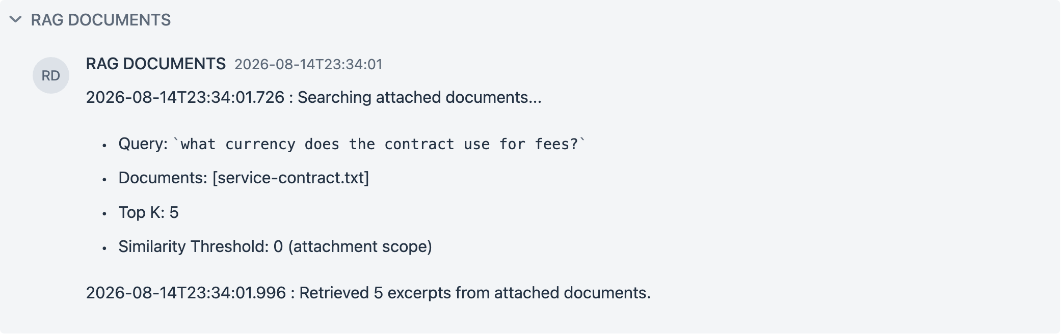 The chat RAG panel for a pinpoint question, printing the query, the attached document list, top K 5, similarity threshold 0, and the retrieved excerpt count