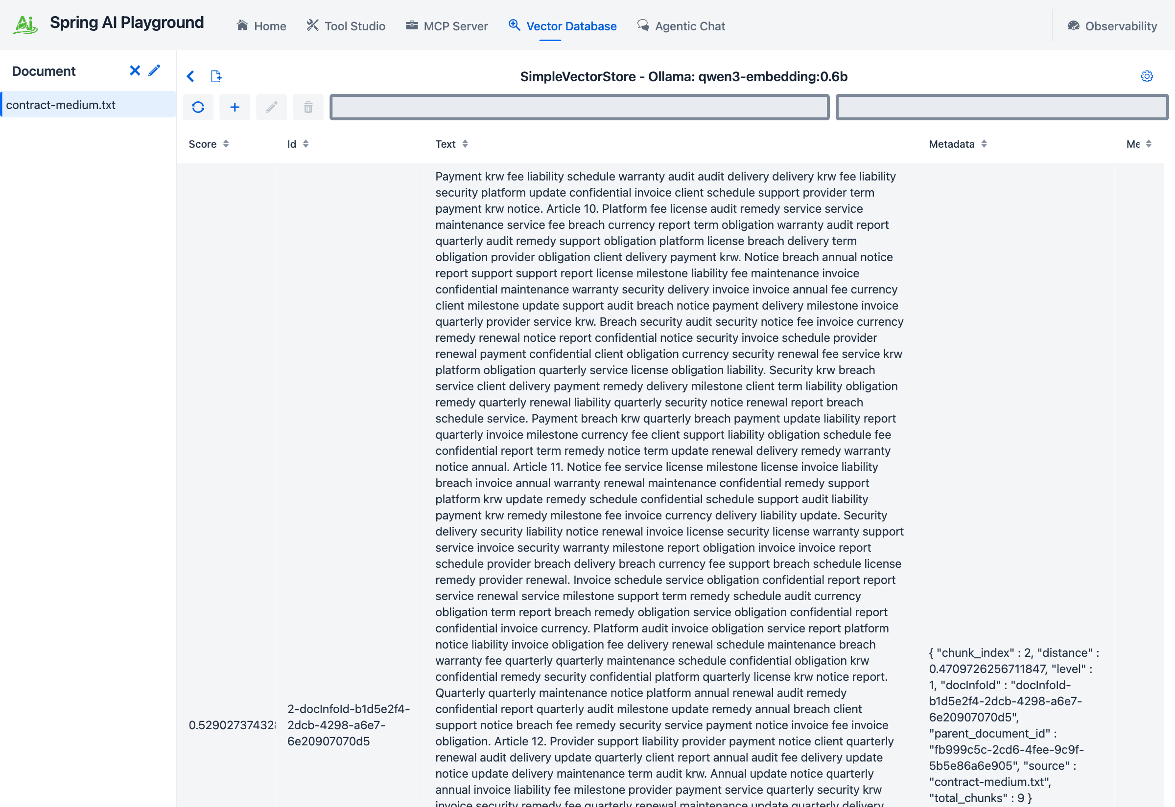 The Vector Database content view after the register action, showing the attached contract's chunks with level 1, docInfoId, and source metadata