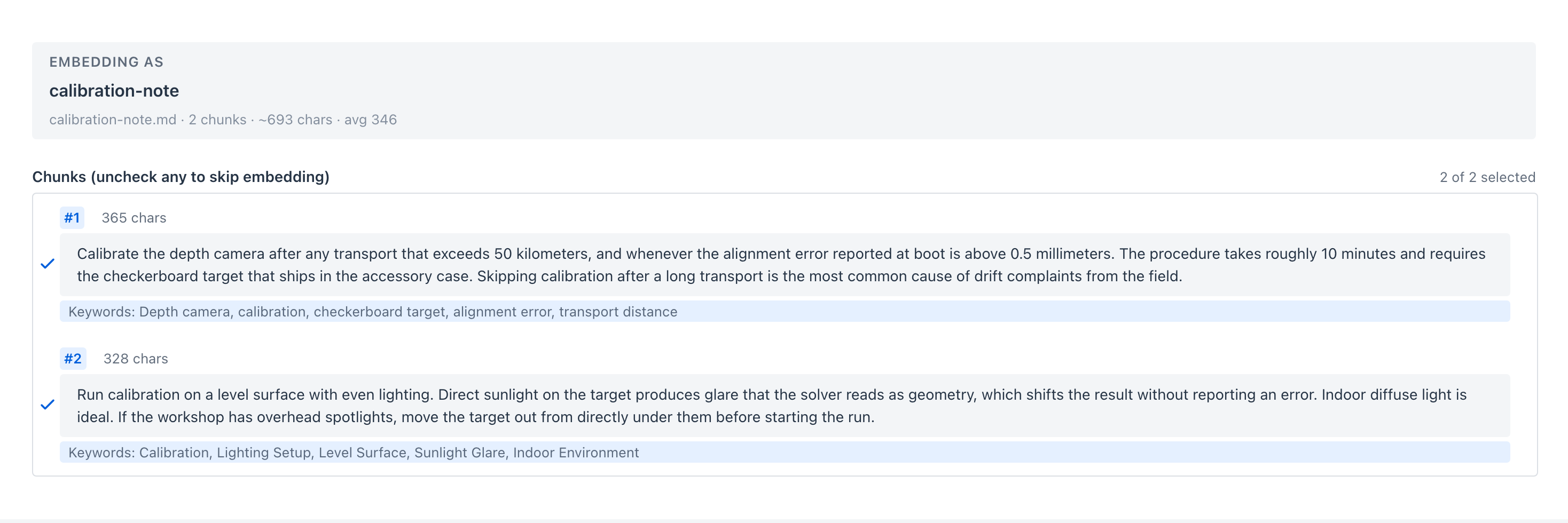 The chunk review list - an embedding summary header, then numbered chunk cards with their character counts, the extracted text, and a Keywords metadata chip produced by the enricher