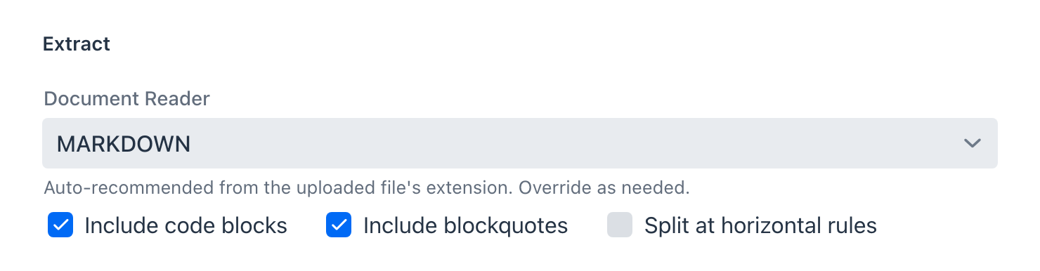 The Extract section of the New Document dialog - the Document Reader combo showing MARKDOWN, auto-recommended from the uploaded file, with the markdown-specific options for code blocks, blockquotes, and horizontal rules below it