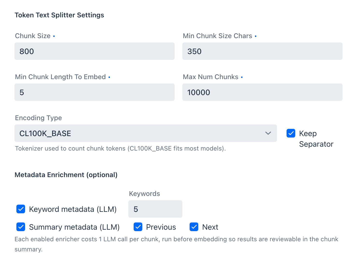 The Transform half of the dialog - token splitter settings above, Metadata Enrichment with the Keyword and Summary checkboxes below, and the cost hint