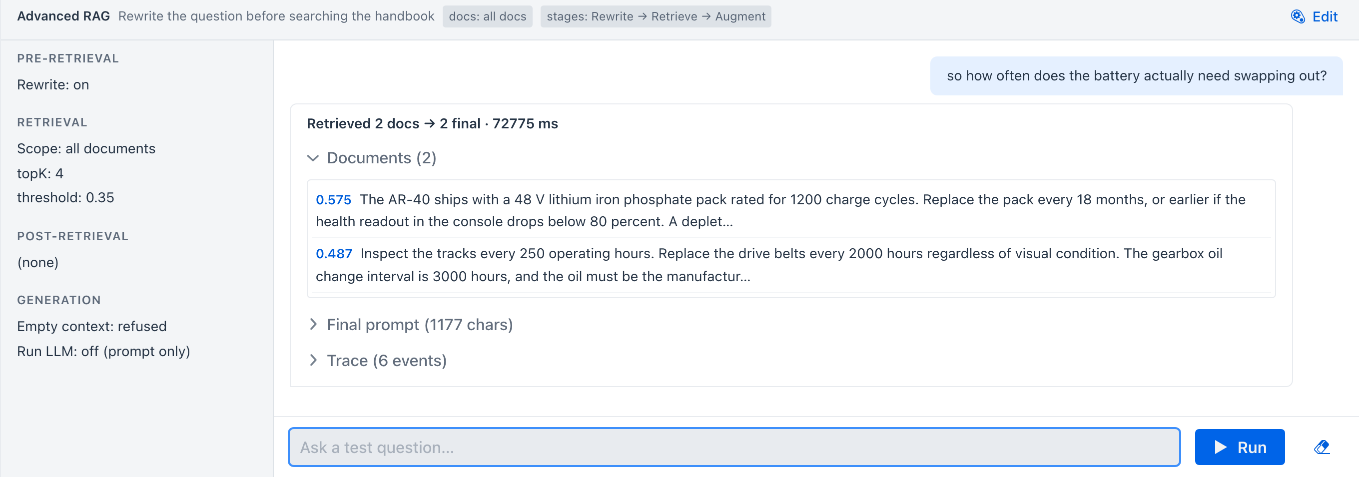 The pipeline surface after a test run - the configuration summary on the left, and on the right the question, a Retrieved 2 docs result with per-document similarity scores, and the collapsible Final prompt and Trace sections