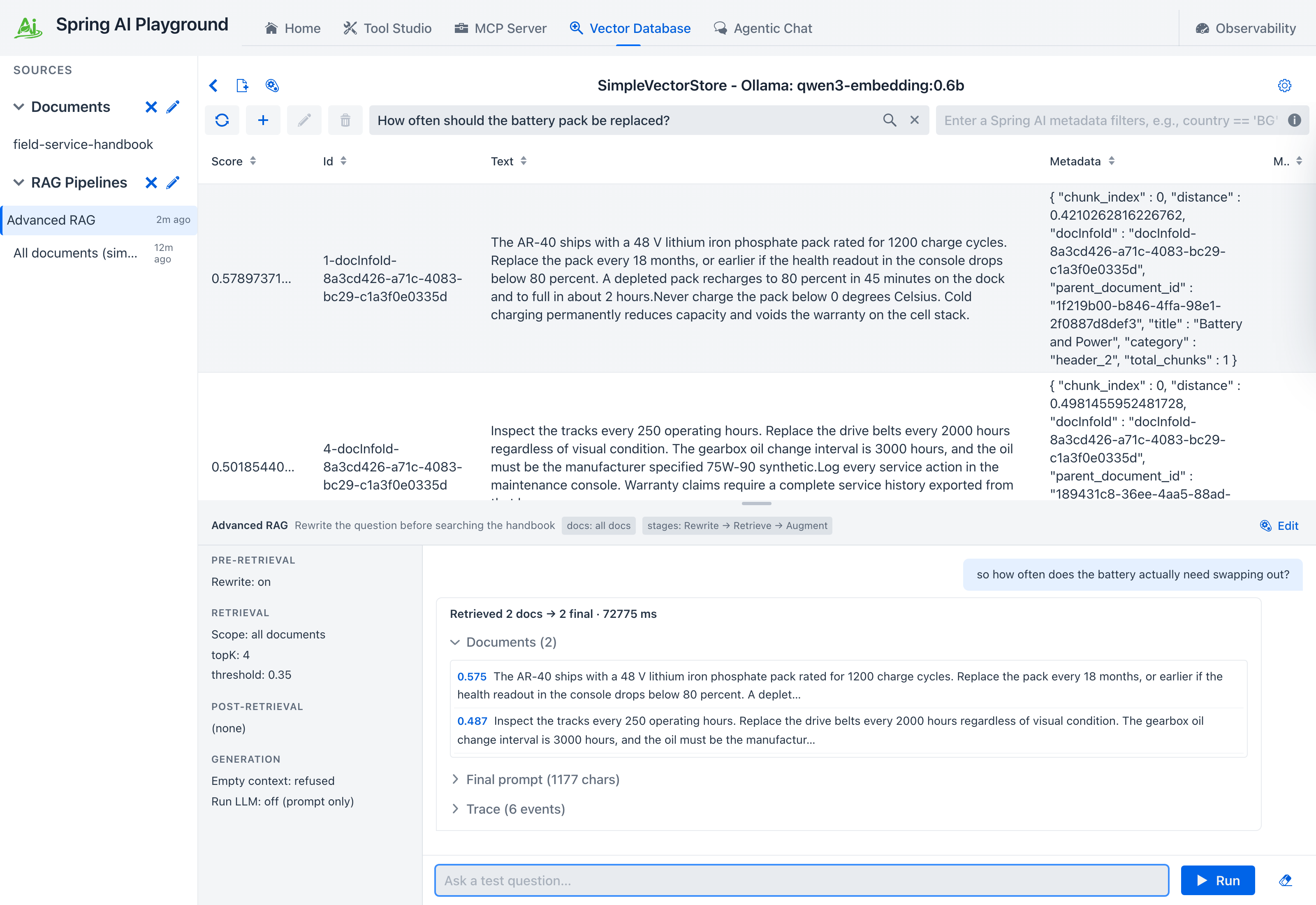 Pipeline Studio - the Vector Database screen split horizontally, with the similarity-search grid above and the pipeline surface below showing the configuration summary on the left and a chat-style test conversation on the right