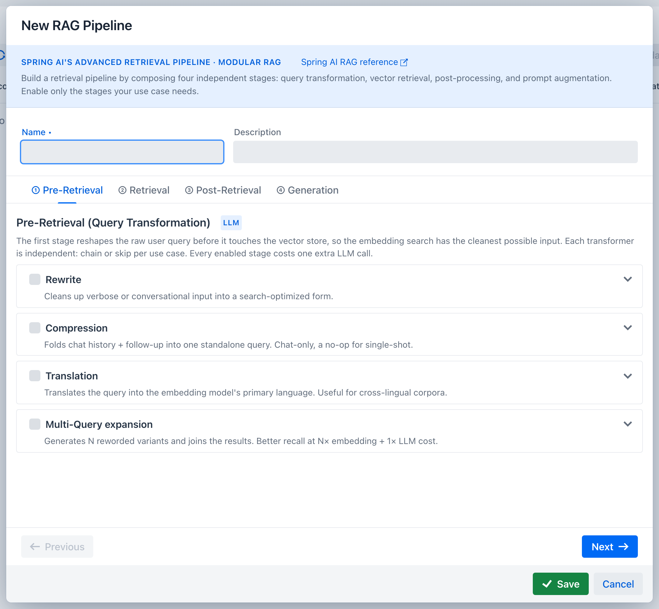 The wizard's Pre-Retrieval tab - the LLM badge on the stage header and four collapsed transformer cards: Rewrite, Compression, Translation, and Multi-Query expansion, each with a one-line description