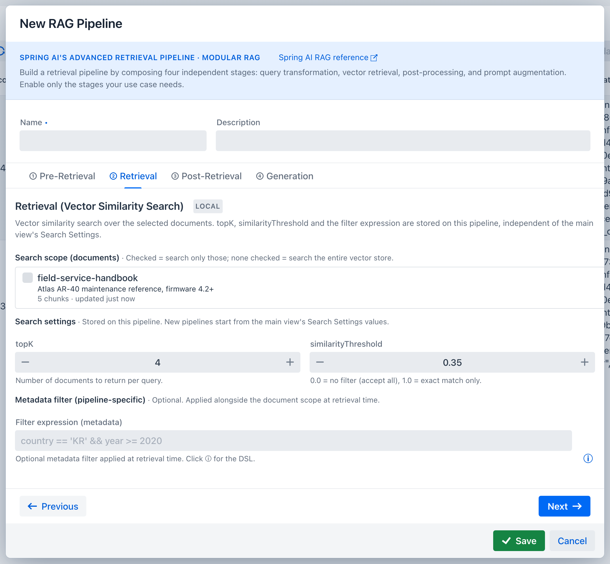 The wizard's Retrieval tab - the document search scope, Top-K and similarity threshold fields, and a pipeline-specific metadata filter expression with its DSL helper