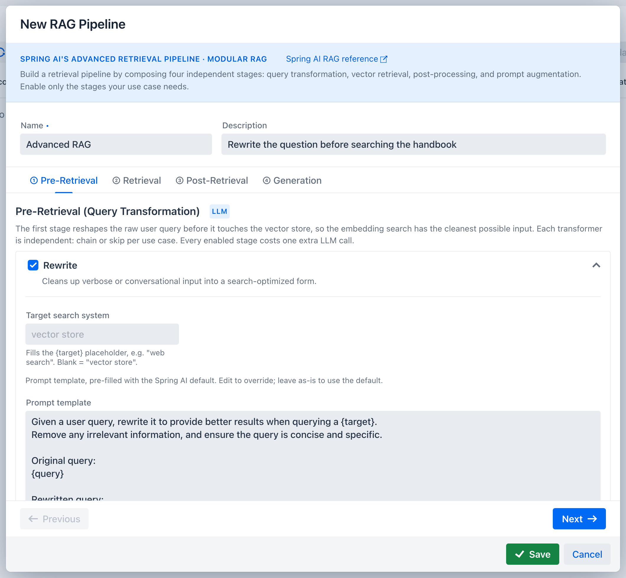 The Rewrite card expanded after being enabled, showing the target search system field and the pre-filled Spring AI prompt template with its target and query placeholders
